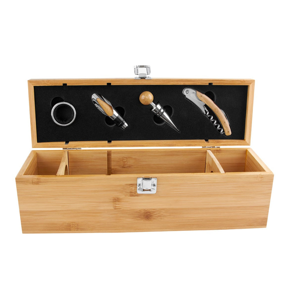 Estuche de bambú para botella de vino con accesorios personalizado para regalos corporativos.