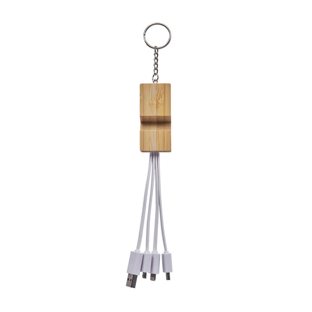 Cable cargador personalizado con llavero, soporte para smartphone y conectores USB, Tipo C, Micro USB y Lightning.