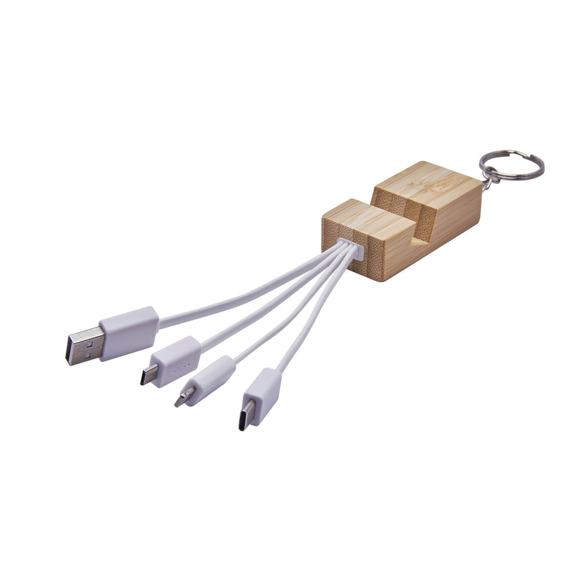 Cable cargador personalizado con llavero, soporte para smartphone y conectores USB, Tipo C, Micro USB y Lightning.