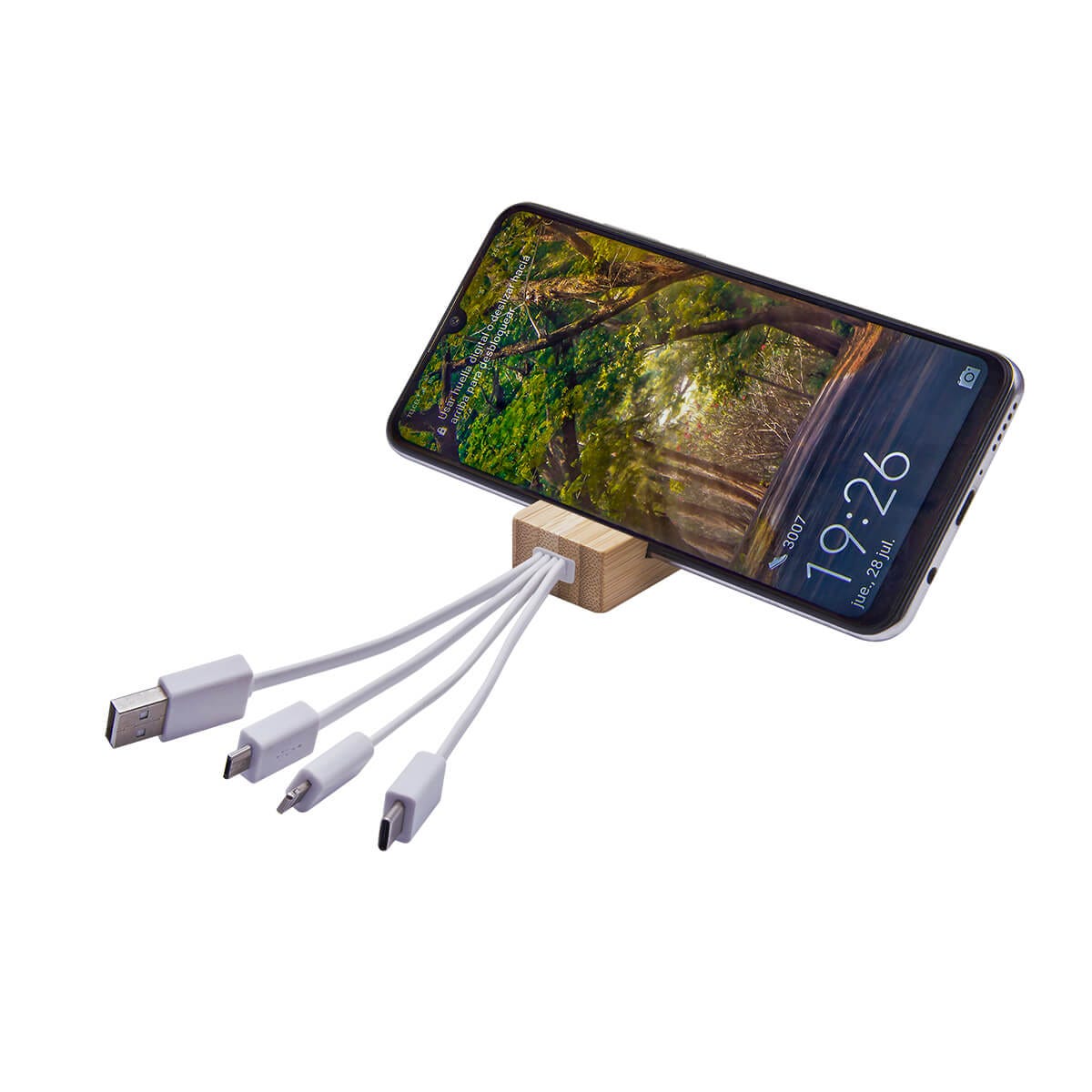 Cable cargador personalizado con llavero, soporte para smartphone y conectores USB, Tipo C, Micro USB y Lightning.