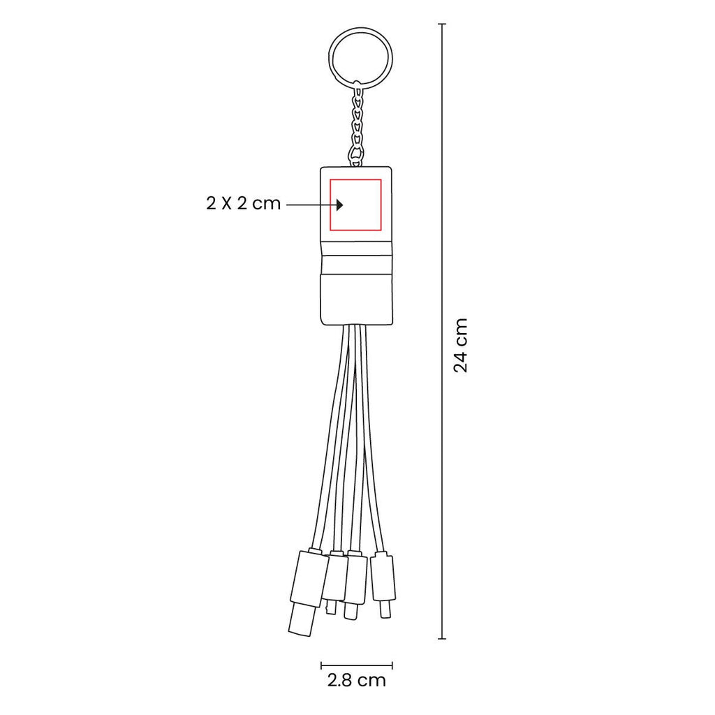 Cable cargador personalizado con llavero, soporte para smartphone y conectores USB, Tipo C, Micro USB y Lightning.