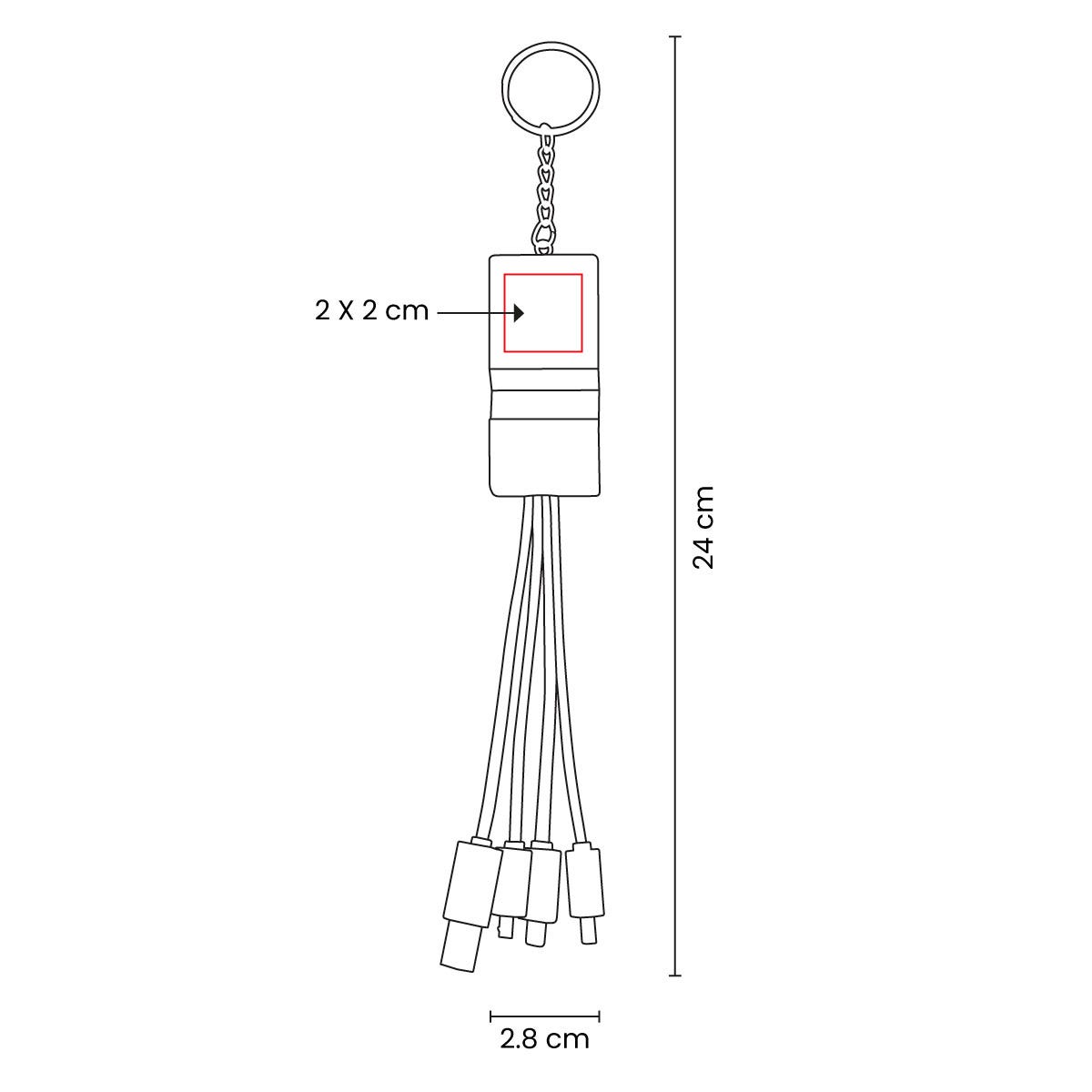 Cable cargador personalizado con llavero, soporte para smartphone y conectores USB, Tipo C, Micro USB y Lightning.