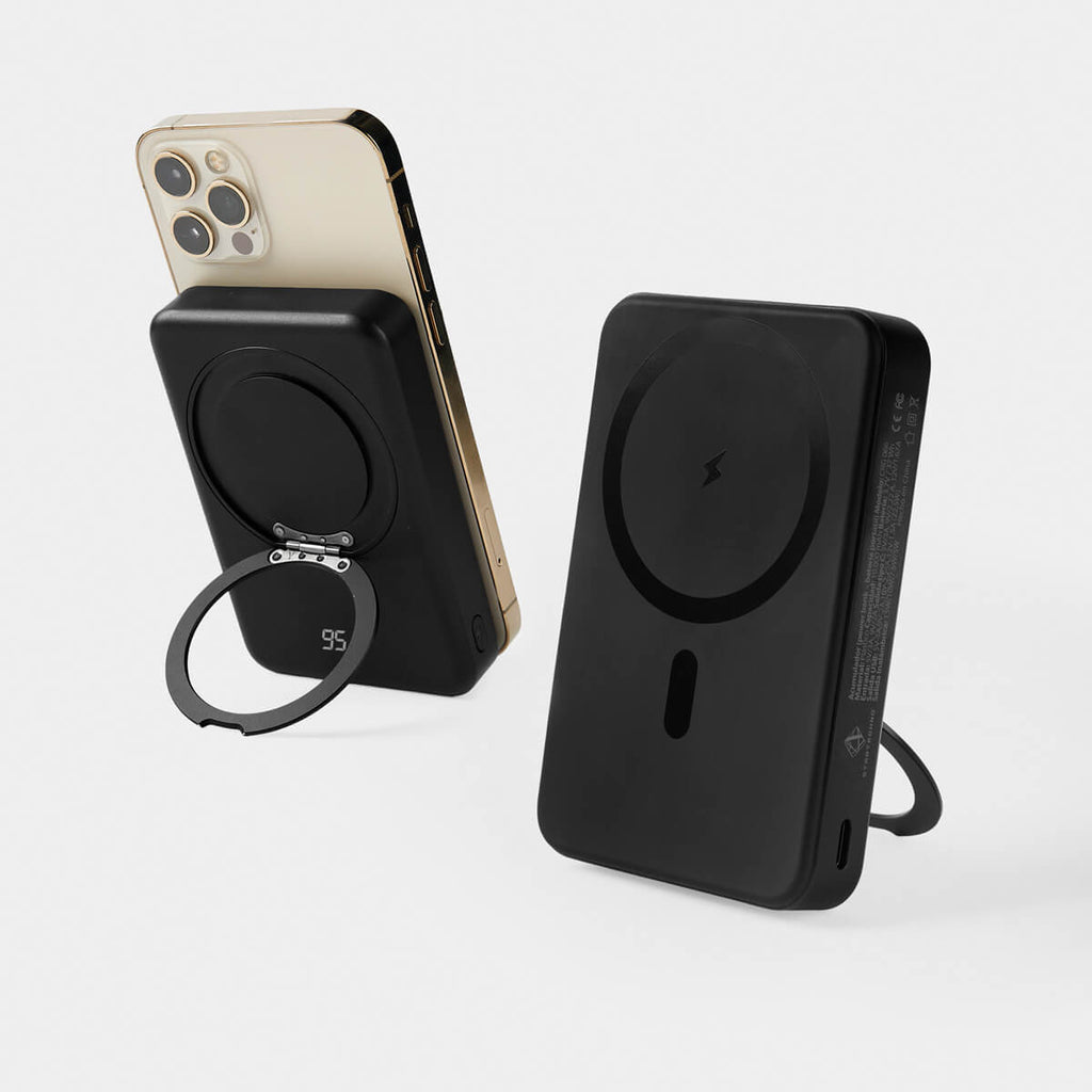 Power bank magnética inalámbrica personalizada de 10,000 mAh con soporte giratorio y carga para smartphone.
