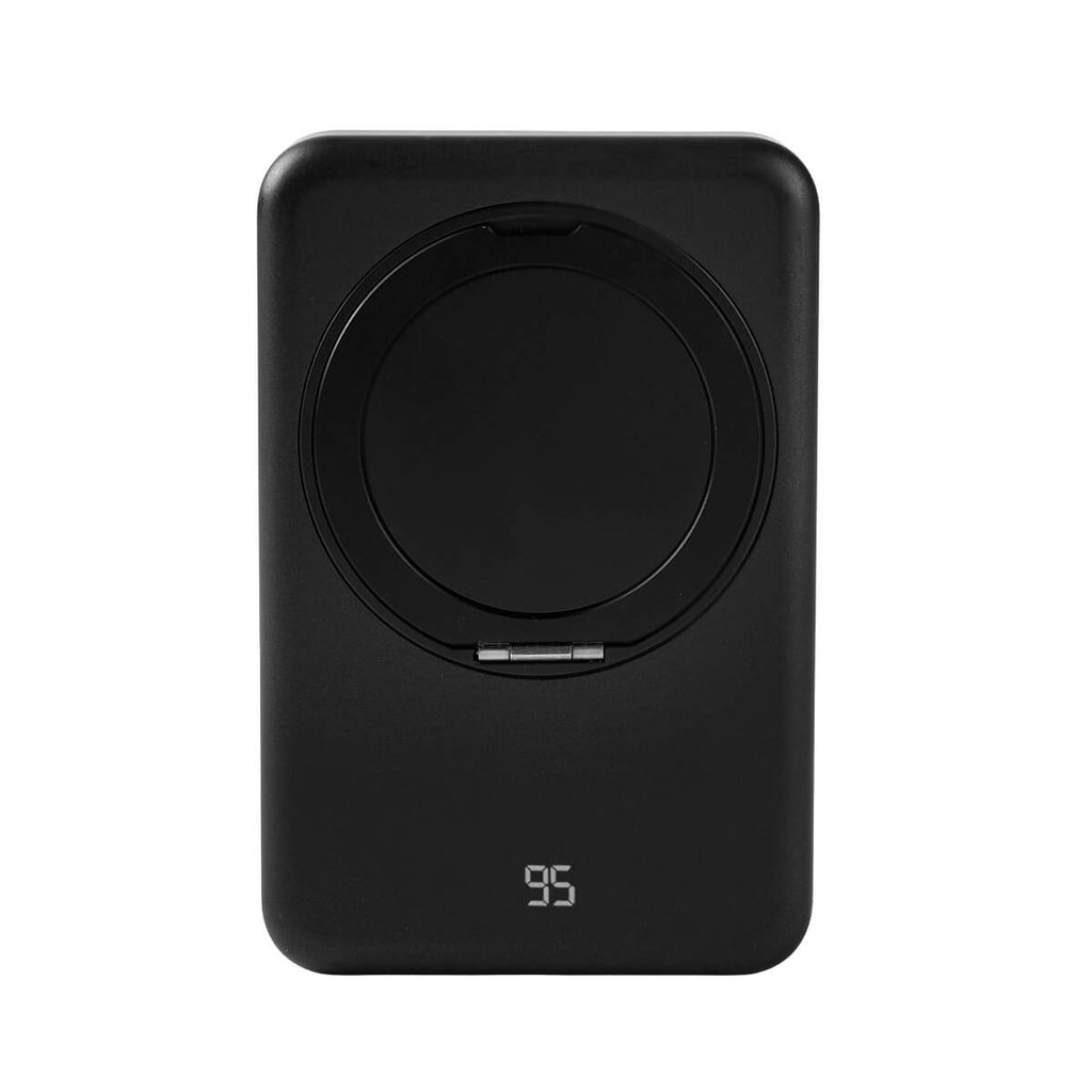 Power bank magnética inalámbrica personalizada de 10,000 mAh con soporte giratorio y carga para smartphone.
