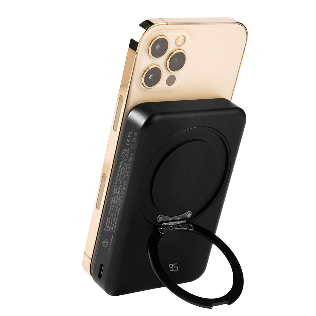 Power bank magnética inalámbrica personalizada de 10,000 mAh con soporte giratorio y carga para smartphone.