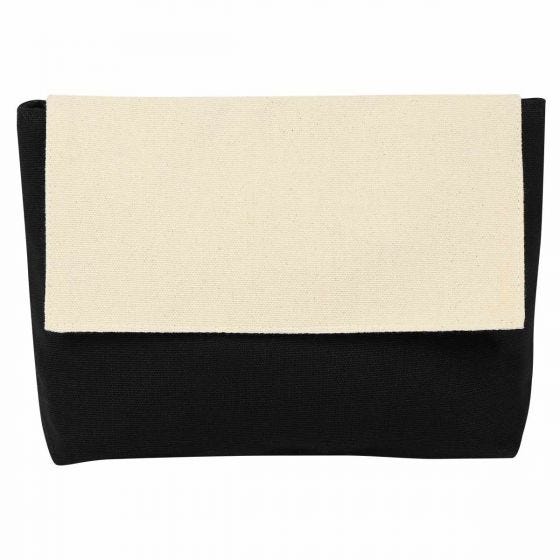 Cosmetiquera de algodón de 24 x 15 cm con cierre de velcro y área de personalización para empresas.