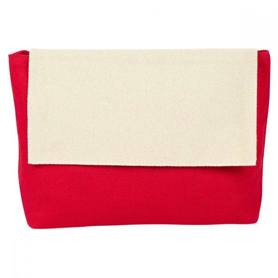 Cosmetiquera de algodón de 24 x 15 cm con cierre de velcro y área de personalización para empresas.