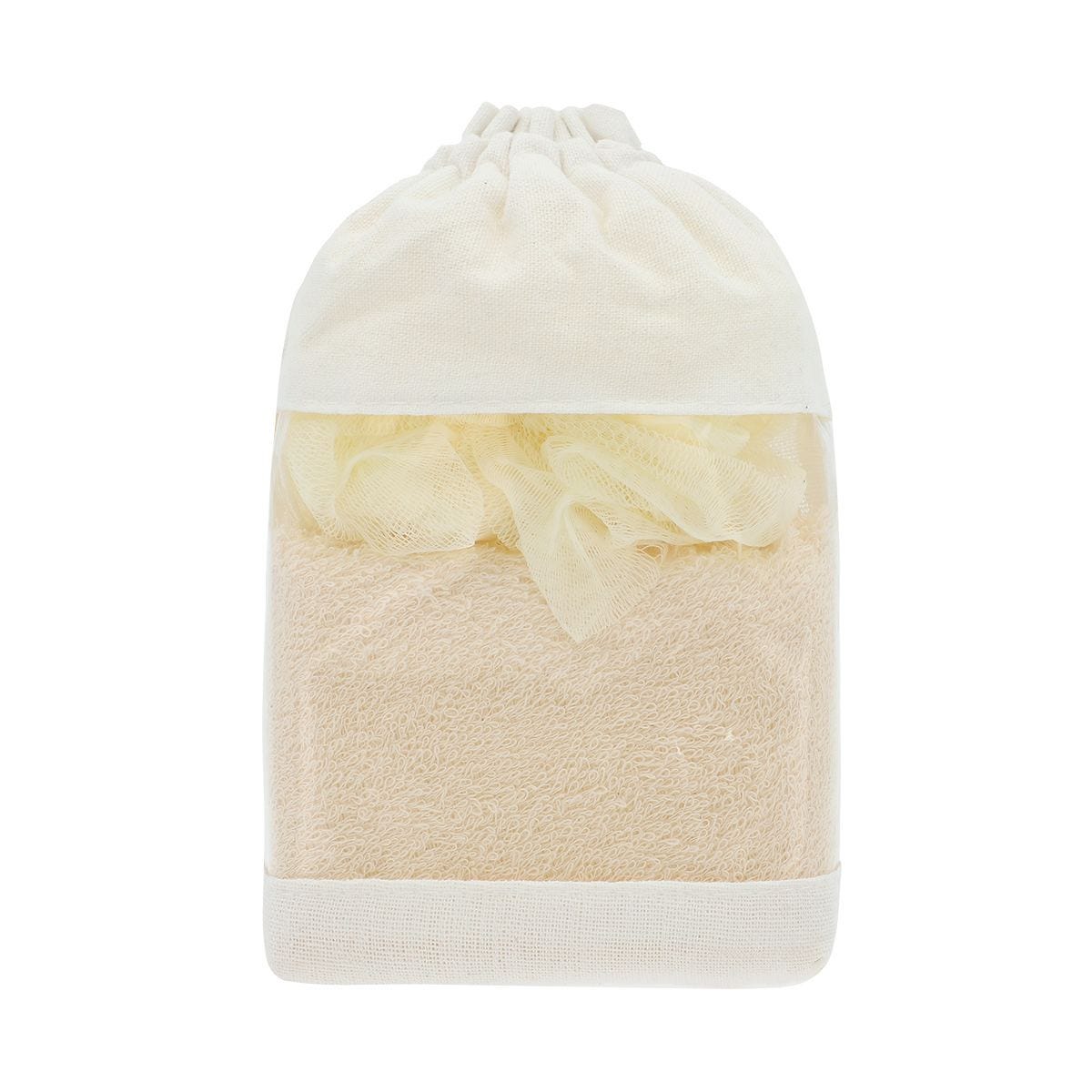 Kit de baño con dos esponjas de poliéster, piedra pómez y bolsa de algodón personalizable para empresas.