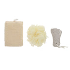 Kit de baño con dos esponjas de poliéster, piedra pómez y bolsa de algodón personalizable para empresas.