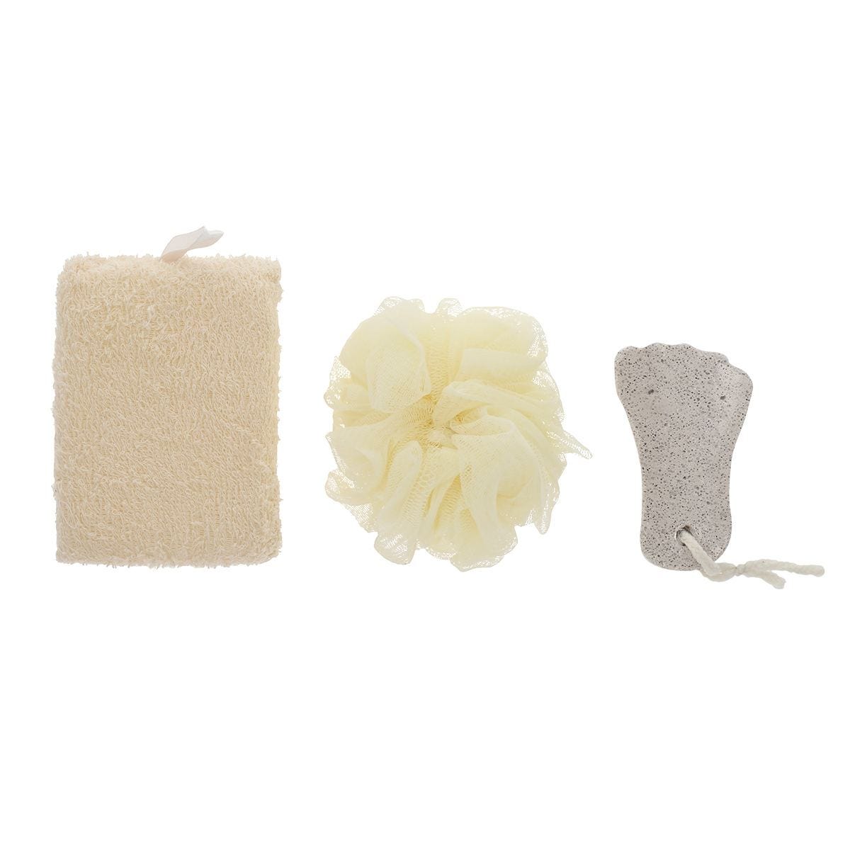 Kit de baño con dos esponjas de poliéster, piedra pómez y bolsa de algodón personalizable para empresas.