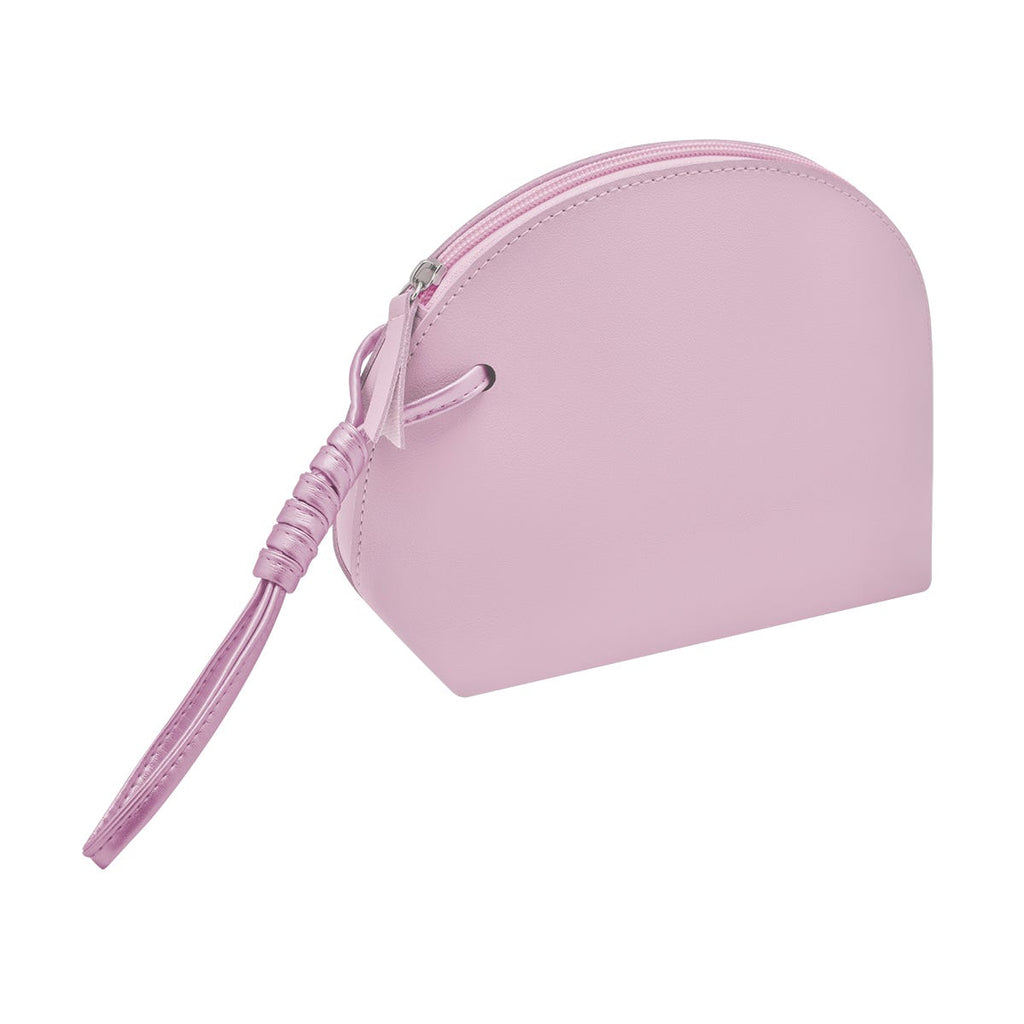 Cosmetiquera de curpiel con fuelle, compartimento principal con cierre y asa, personalizable para empresas.