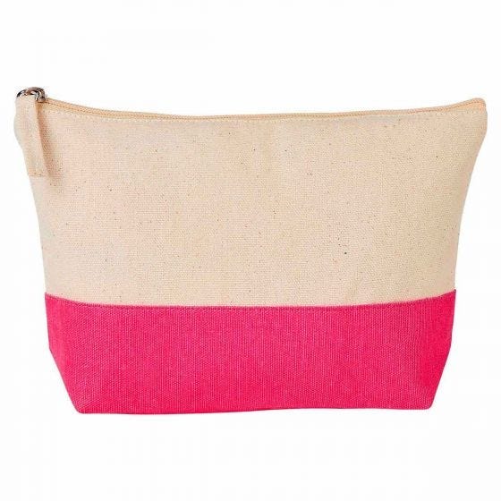 Cosmetiquera de algodón con franja de color, cierre y área de personalización para marcas de belleza.