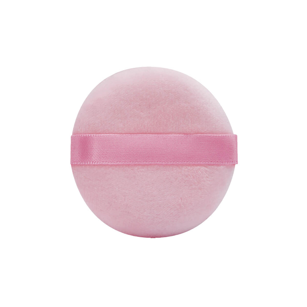 Esponja para aplicar polvos de maquillaje con tira de listón y estuche de plástico personalizable para empresas.