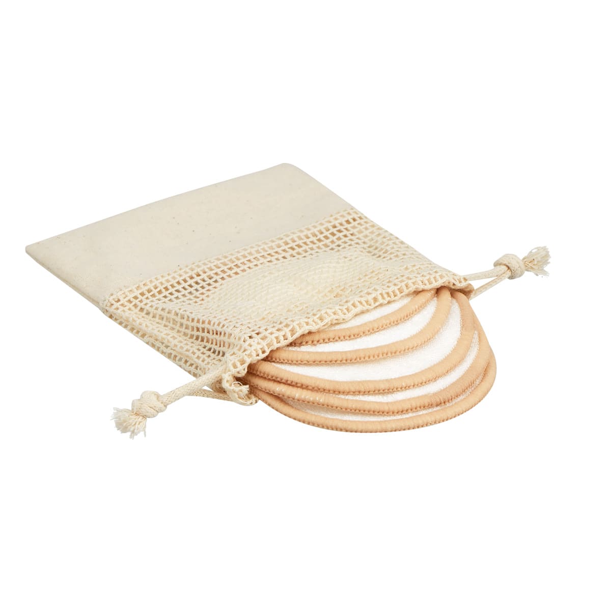 Set de cinco almohadillas desmaquillantes reutilizables de fibra de bambú con bolsa de algodón personalizada.