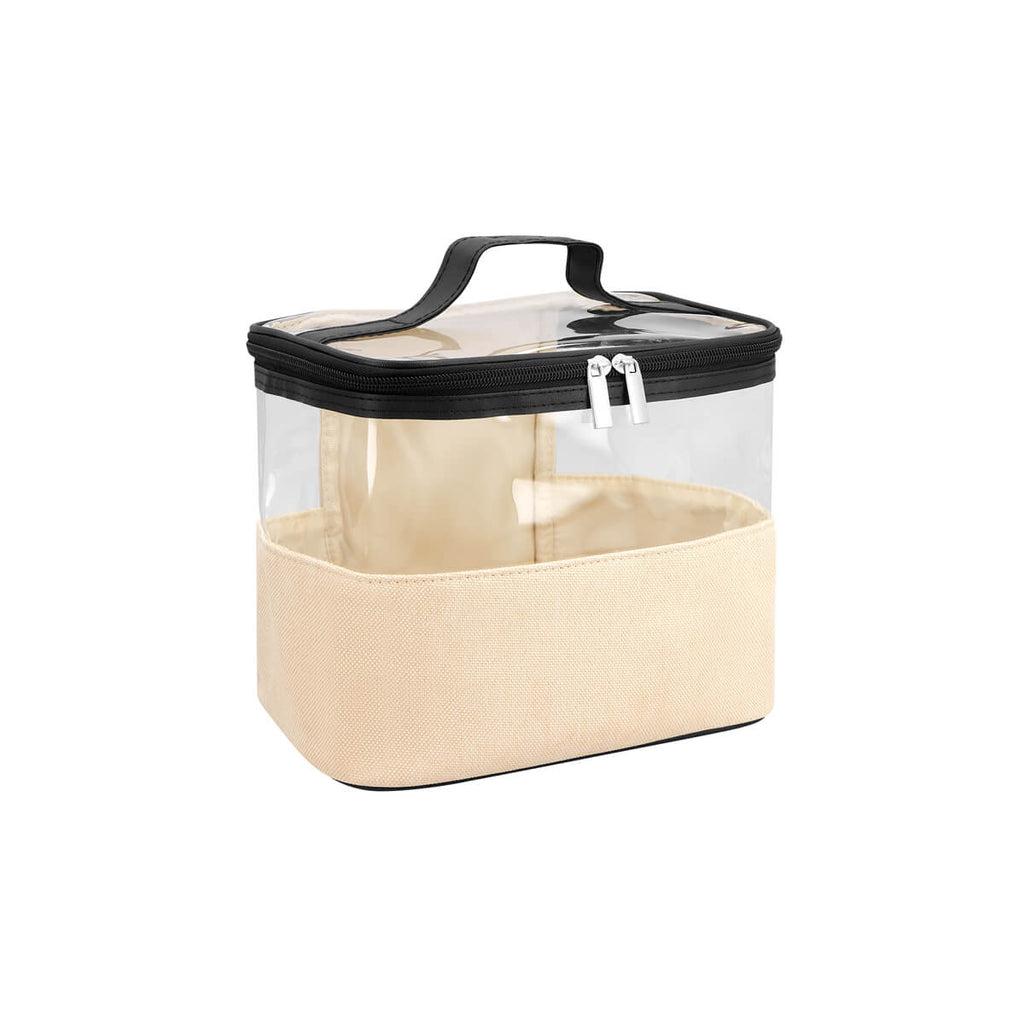 Cosmetiquera personalizada con ventana frontal transparente, base de yute y asa de curpiel para productos de belleza.