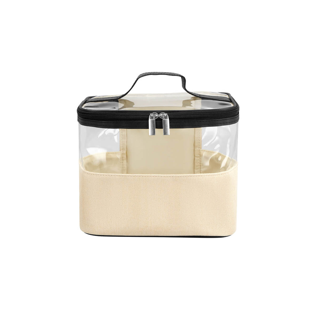 Cosmetiquera personalizada con ventana frontal transparente, base de yute y asa de curpiel para productos de belleza.
