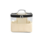 Cosmetiquera personalizada con ventana frontal transparente, base de yute y asa de curpiel para productos de belleza.