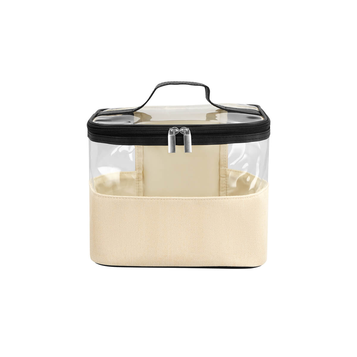 Cosmetiquera personalizada con ventana frontal transparente, base de yute y asa de curpiel para productos de belleza.