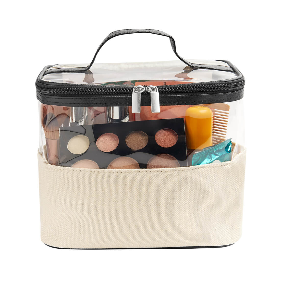 Cosmetiquera personalizada con ventana frontal transparente, base de yute y asa de curpiel para productos de belleza.