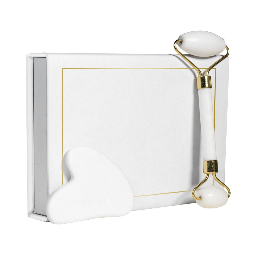 Set de masajeador facial con rodillo y piedra Gua Sha de jade en caja con cierre imantado personalizada para empresas.
