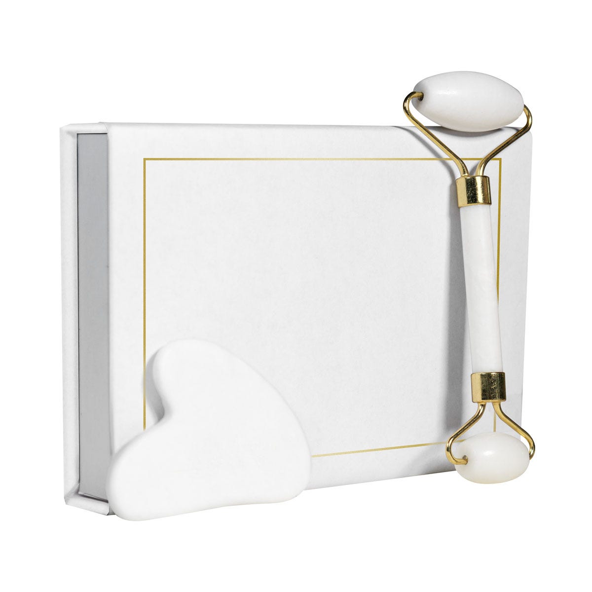Set de masajeador facial con rodillo y piedra Gua Sha de jade en caja con cierre imantado personalizada para empresas.