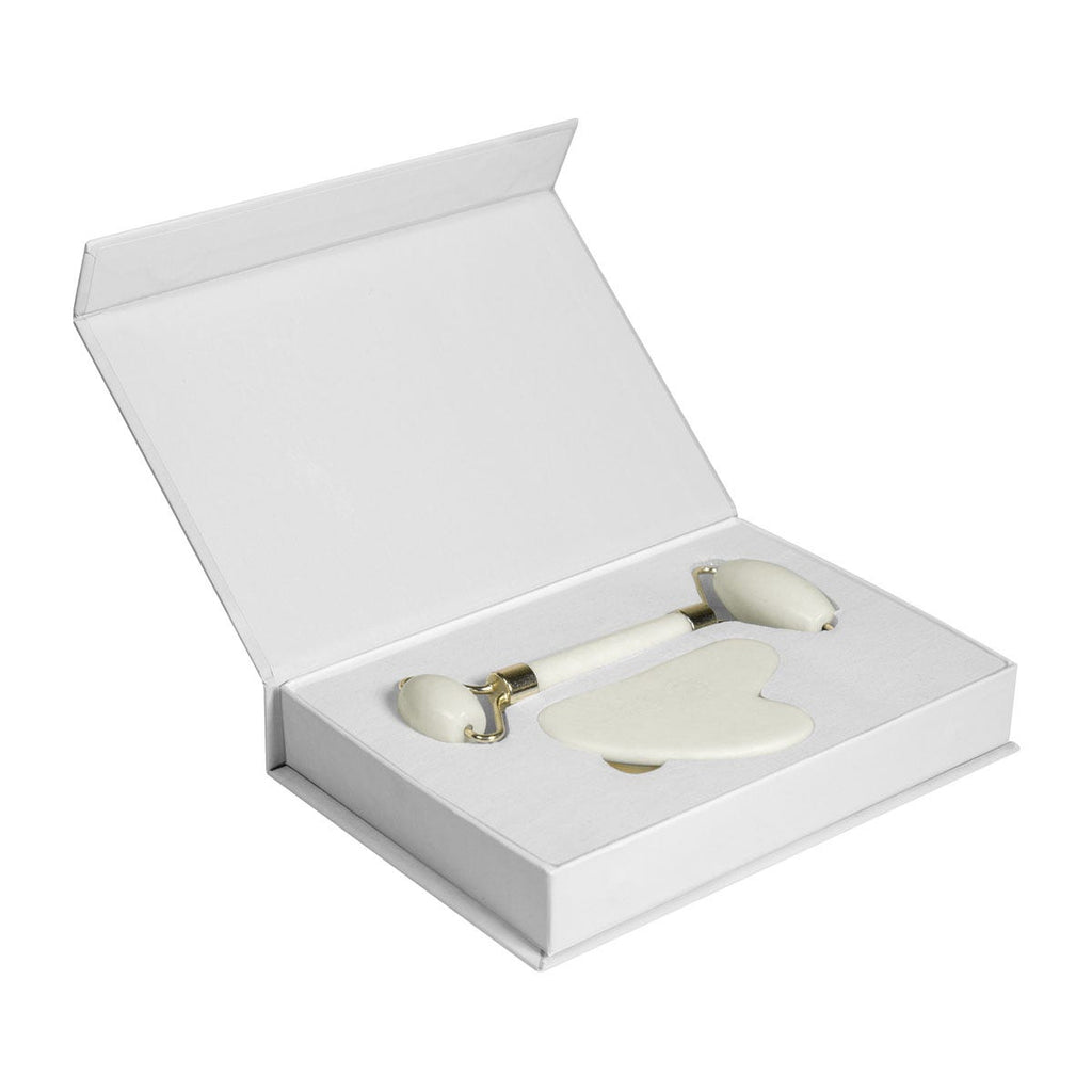 Set de masajeador facial con rodillo y piedra Gua Sha de jade en caja con cierre imantado personalizada para empresas.
