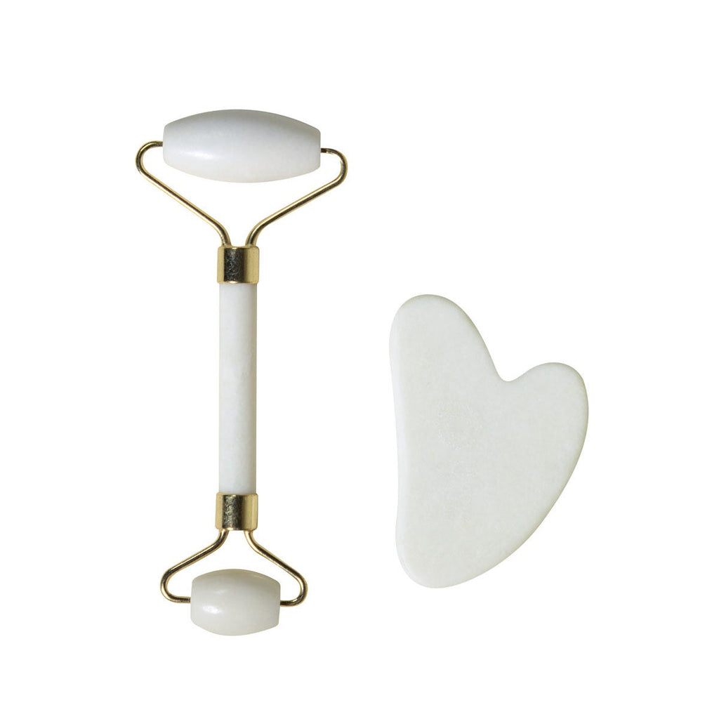 Set de masajeador facial con rodillo y piedra Gua Sha de jade en caja con cierre imantado personalizada para empresas.