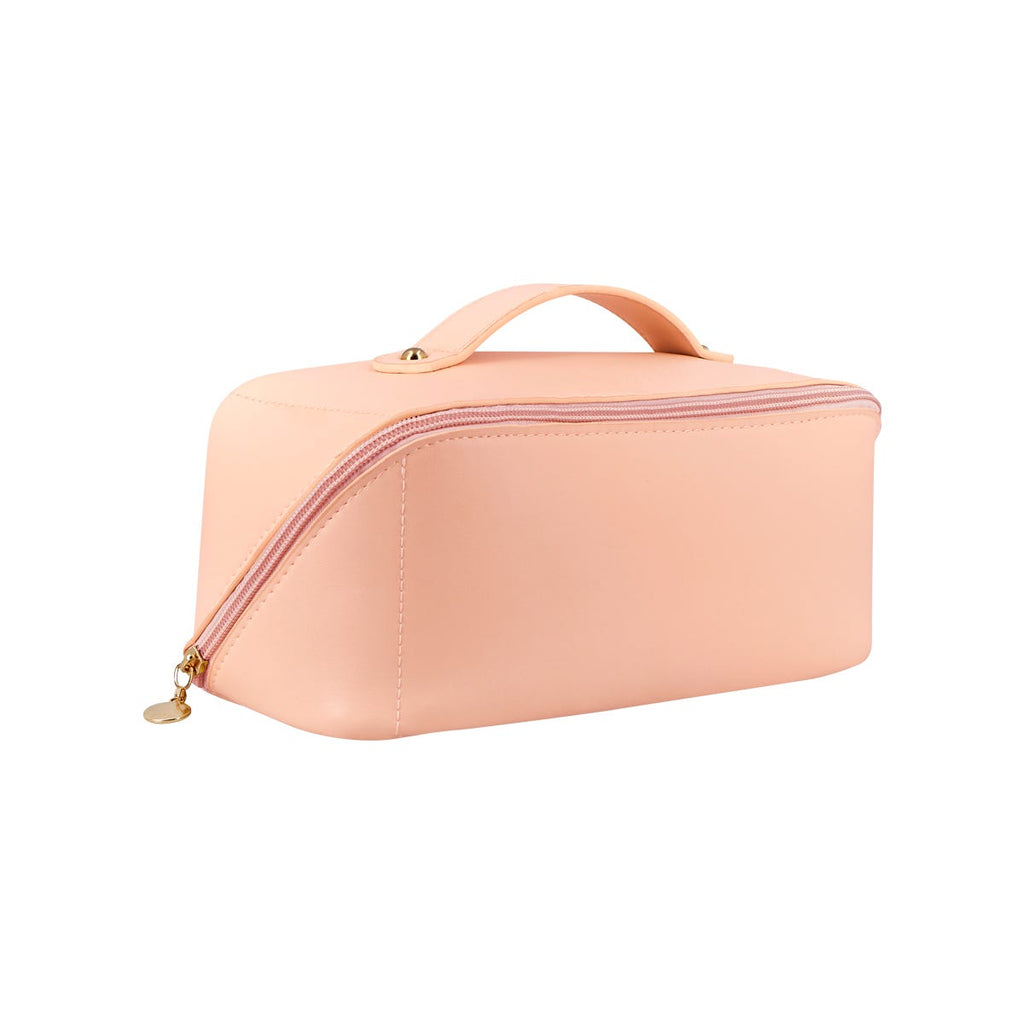 Cosmetiquera de curpiel expandible con tres elásticos organizadores, bolsillo central con cierre y asa personalizada.