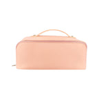 Cosmetiquera de curpiel expandible con tres elásticos organizadores, bolsillo central con cierre y asa personalizada.