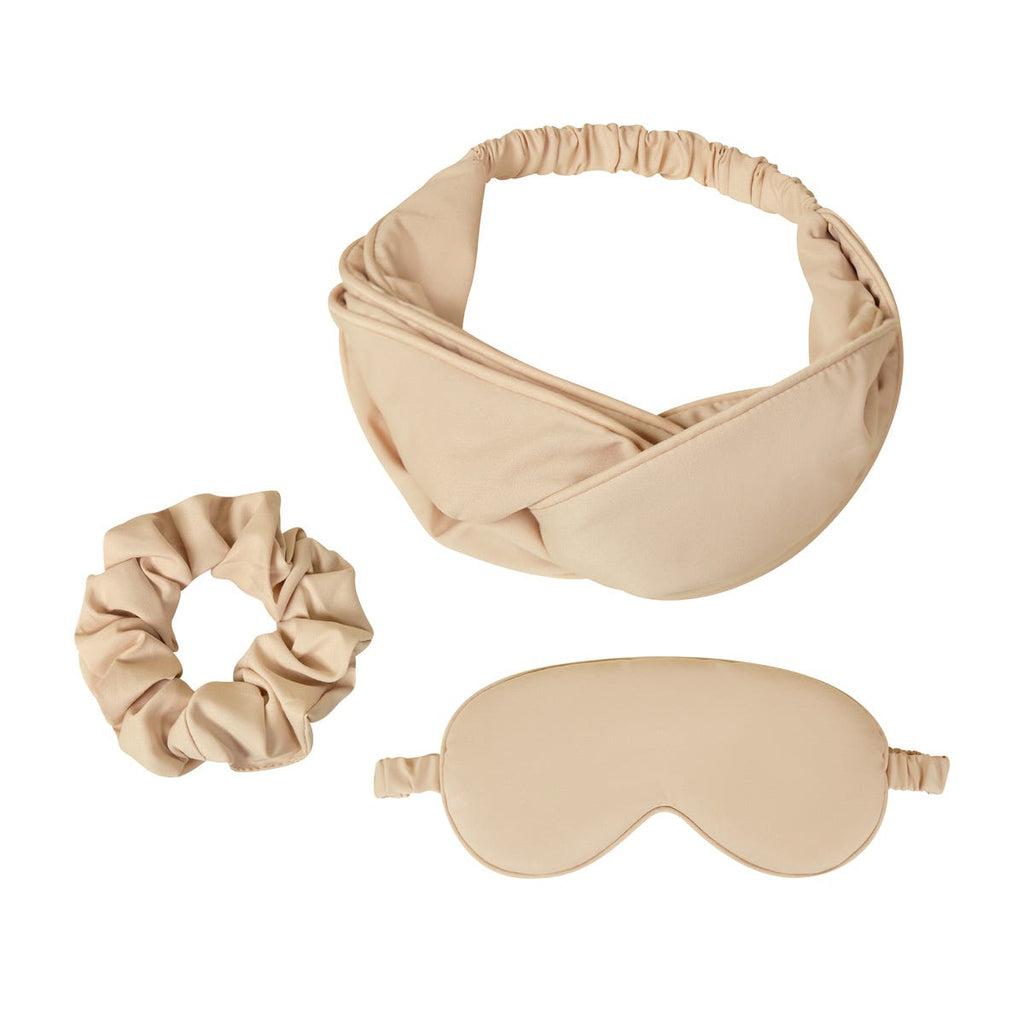 Set de descanso con antifaz ajustable, banda para el cabello, liga tipo dona y bolsa con jareta personalizable.