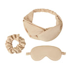 Set de descanso con antifaz ajustable, banda para el cabello, liga tipo dona y bolsa con jareta personalizable.