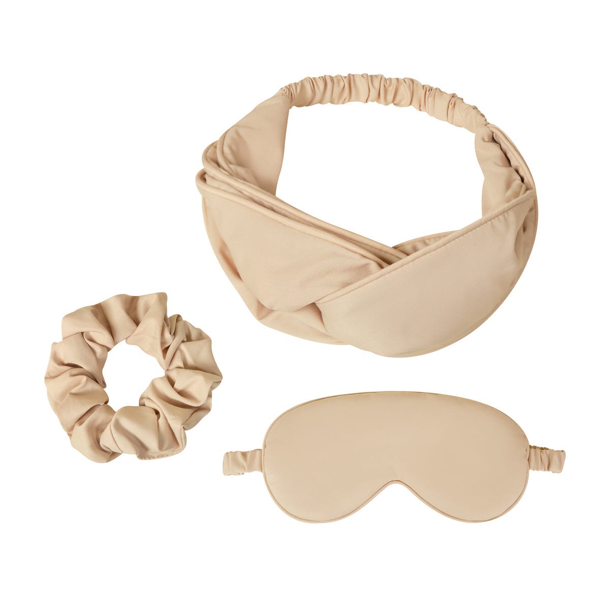 Set de descanso con antifaz ajustable, banda para el cabello, liga tipo dona y bolsa con jareta personalizable.