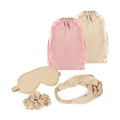 Set de descanso con antifaz ajustable, banda para el cabello, liga tipo dona y bolsa con jareta personalizable.