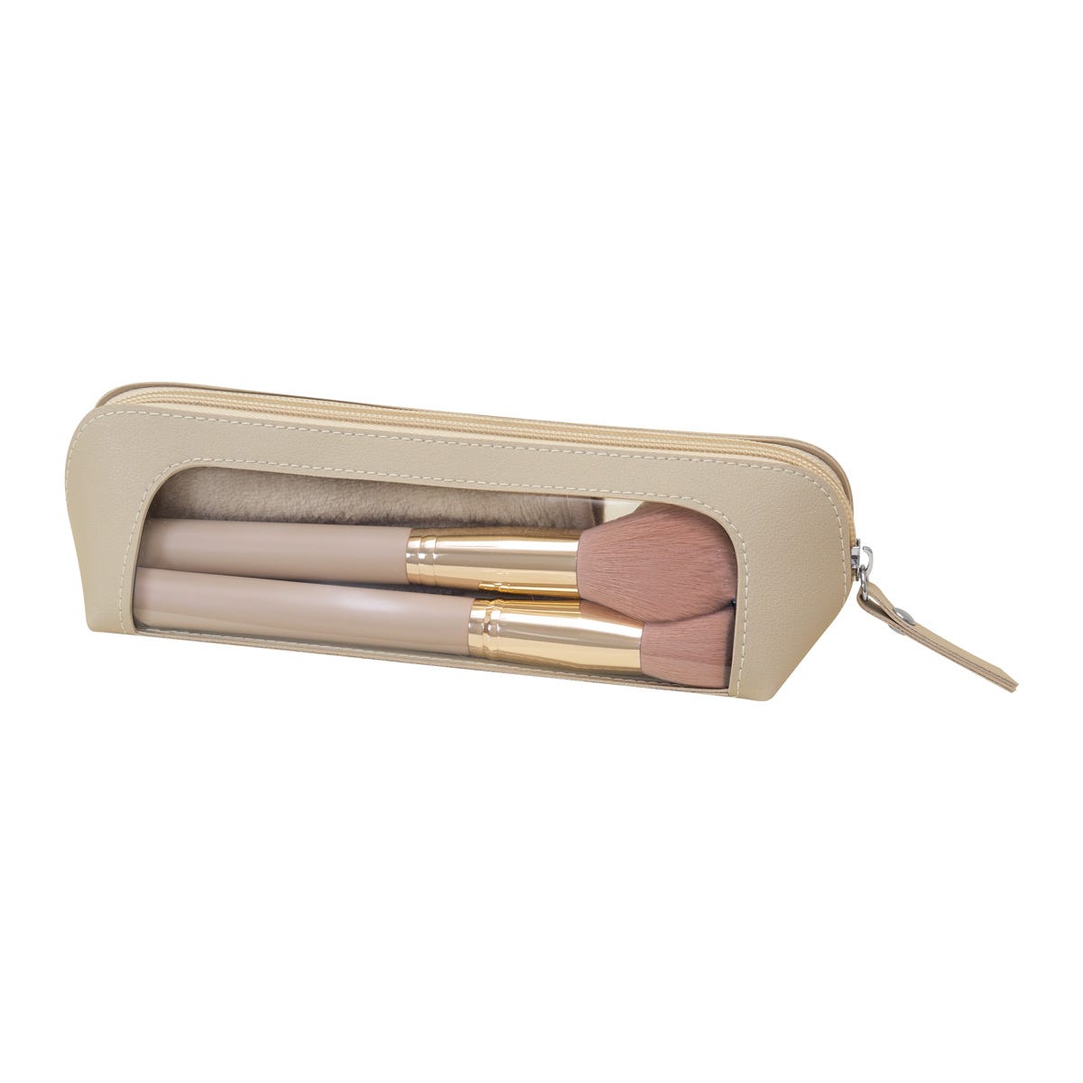 Set de maquillaje de siete accesorios con cinco brochas, esponja para base, toalla facial y estuche personalizado.
