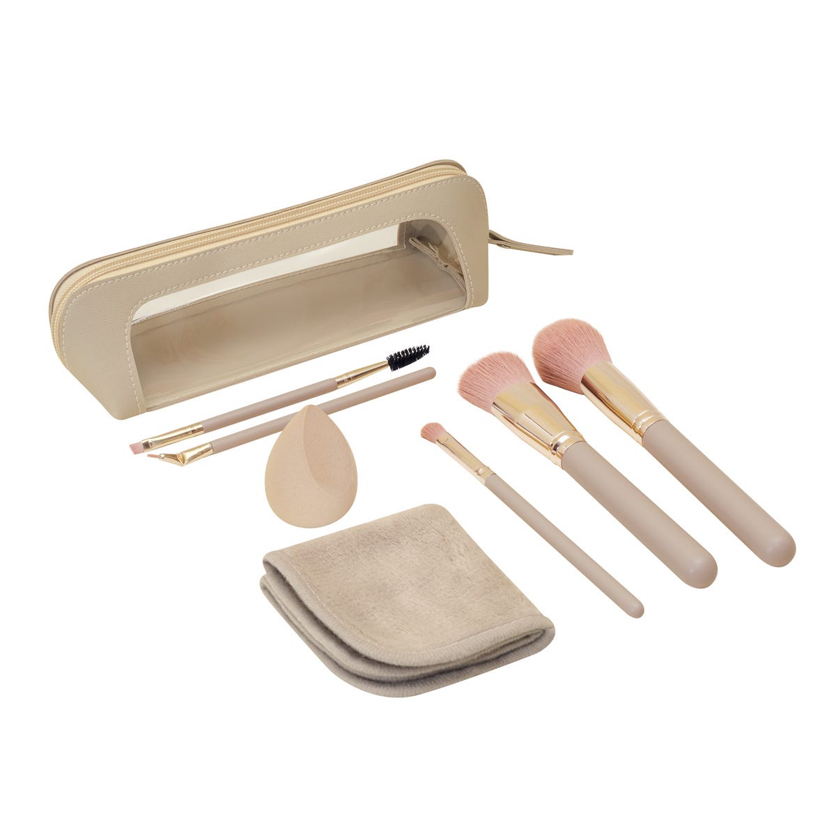 Set de maquillaje de siete accesorios con cinco brochas, esponja para base, toalla facial y estuche personalizado.