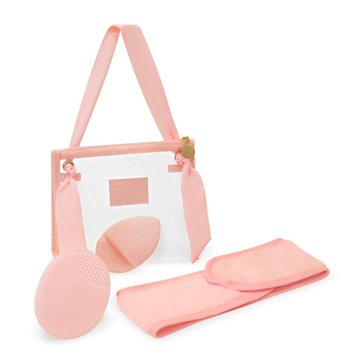 Set de limpieza facial con banda ajustable para el cabello, cepillo de silicón, esponja facial y bolsa de malla personalizada.