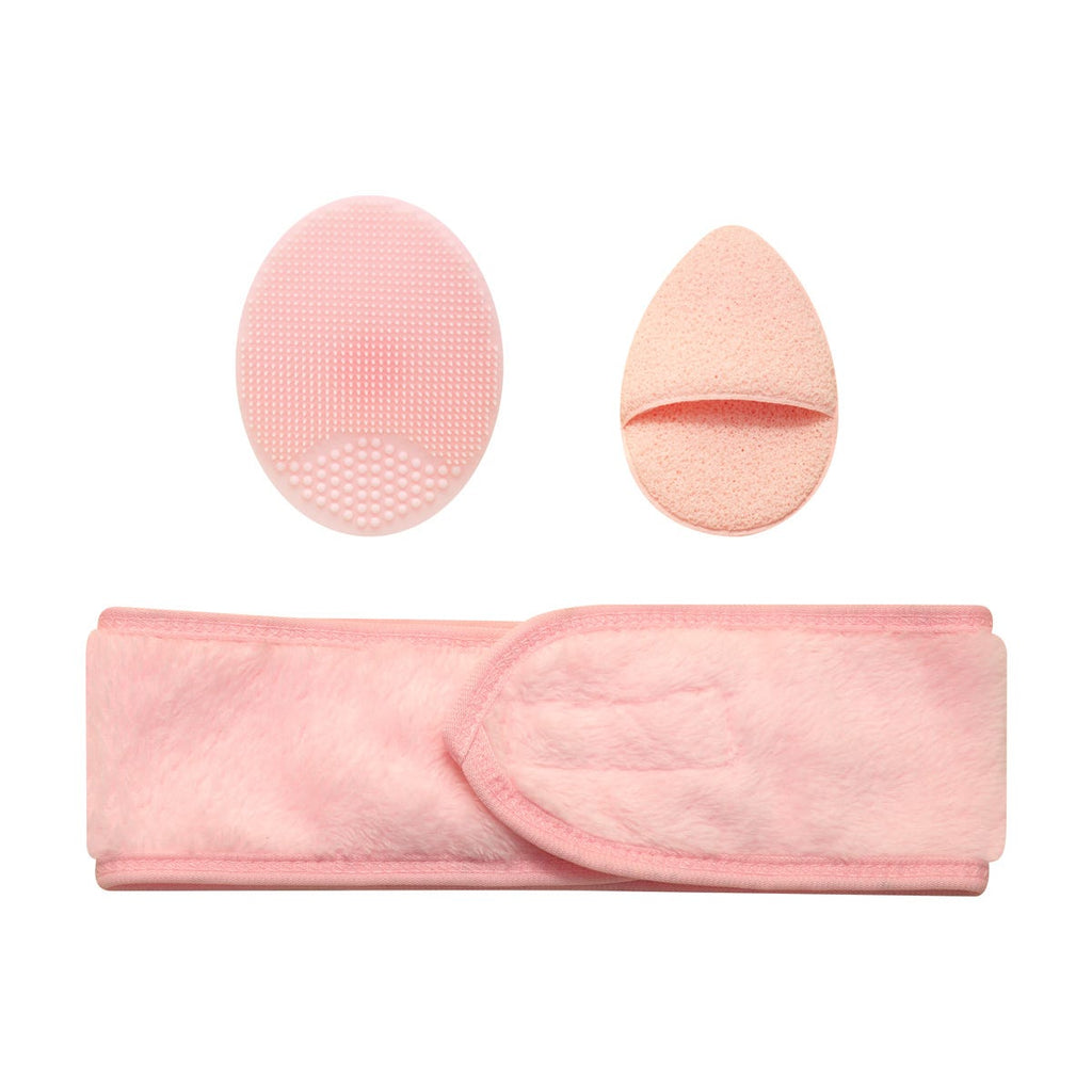 Set de limpieza facial con banda ajustable para el cabello, cepillo de silicón, esponja facial y bolsa de malla personalizada.