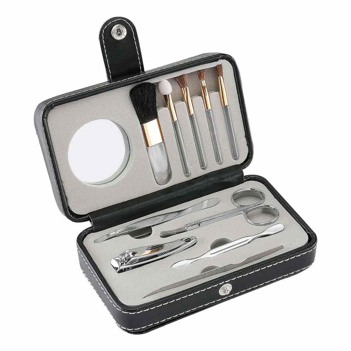 Set de manicure y brochas de maquillaje en estuche de curpiel con espejo personalizado para regalos promocionales.