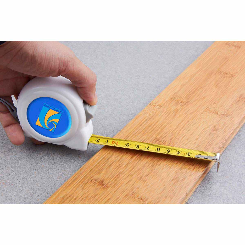 Flexómetro de 5 metros con cinta metálica, clip y correa personalizado para empresas.