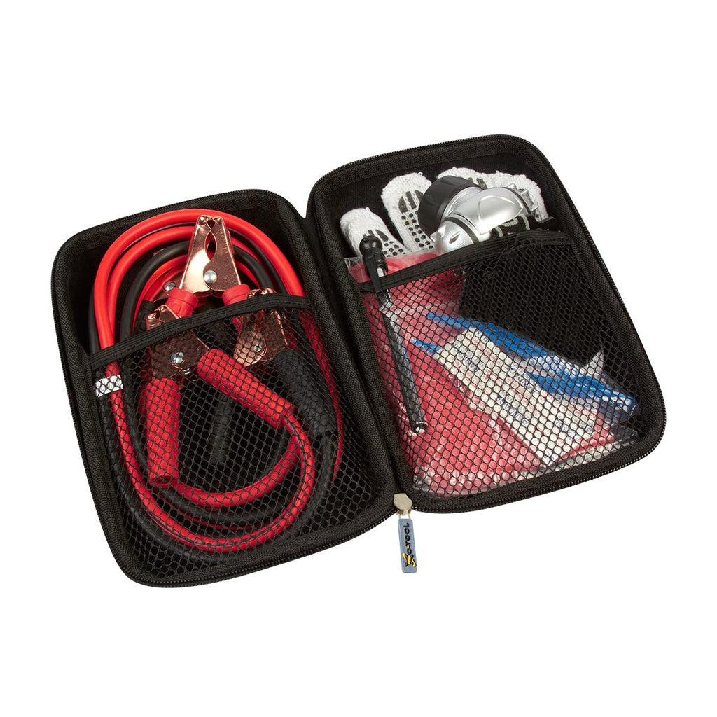 Set de emergencia para automóvil con cables pasa corriente, medidor de presión y lámpara LED personalizado.