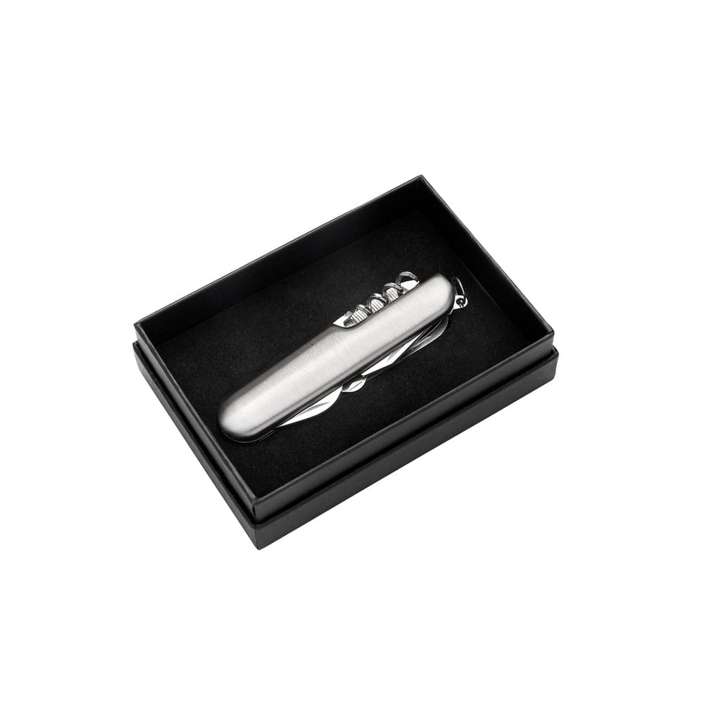 Navaja multiherramienta de metal con 9 funciones y caja individual personalizada para empresas.