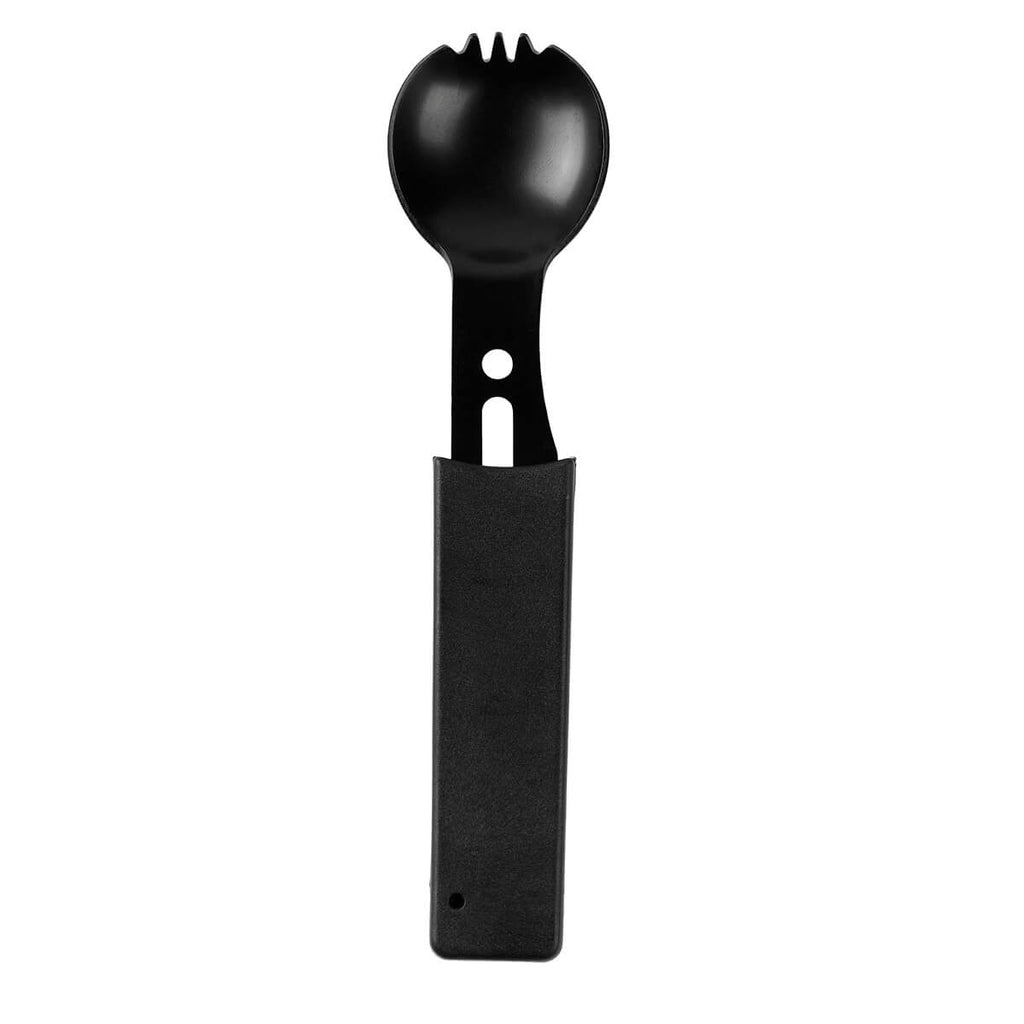Cubierto multifuncional de metal con tenedor, cuchillo y destapador personalizado para empresas.