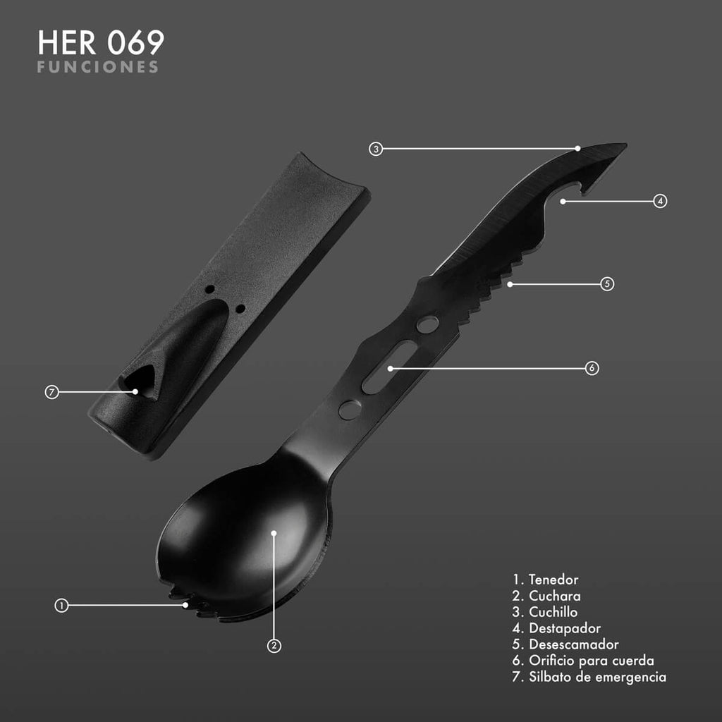 Cubierto multifuncional de metal con tenedor, cuchillo y destapador personalizado para empresas.