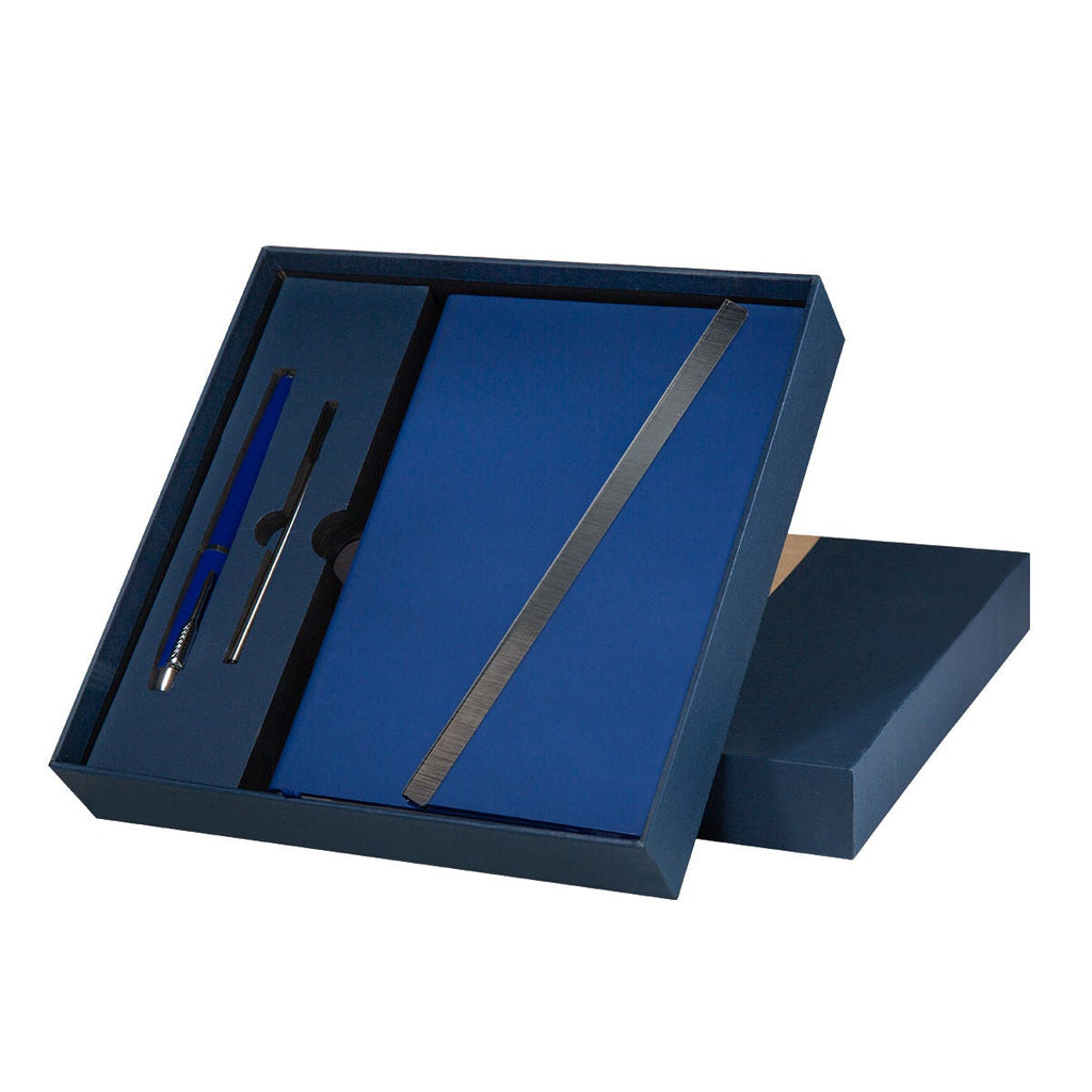 Set ejecutivo de libreta de curpiel con solapa magnética y bolígrafo de acero inoxidable personalizado para empresas.