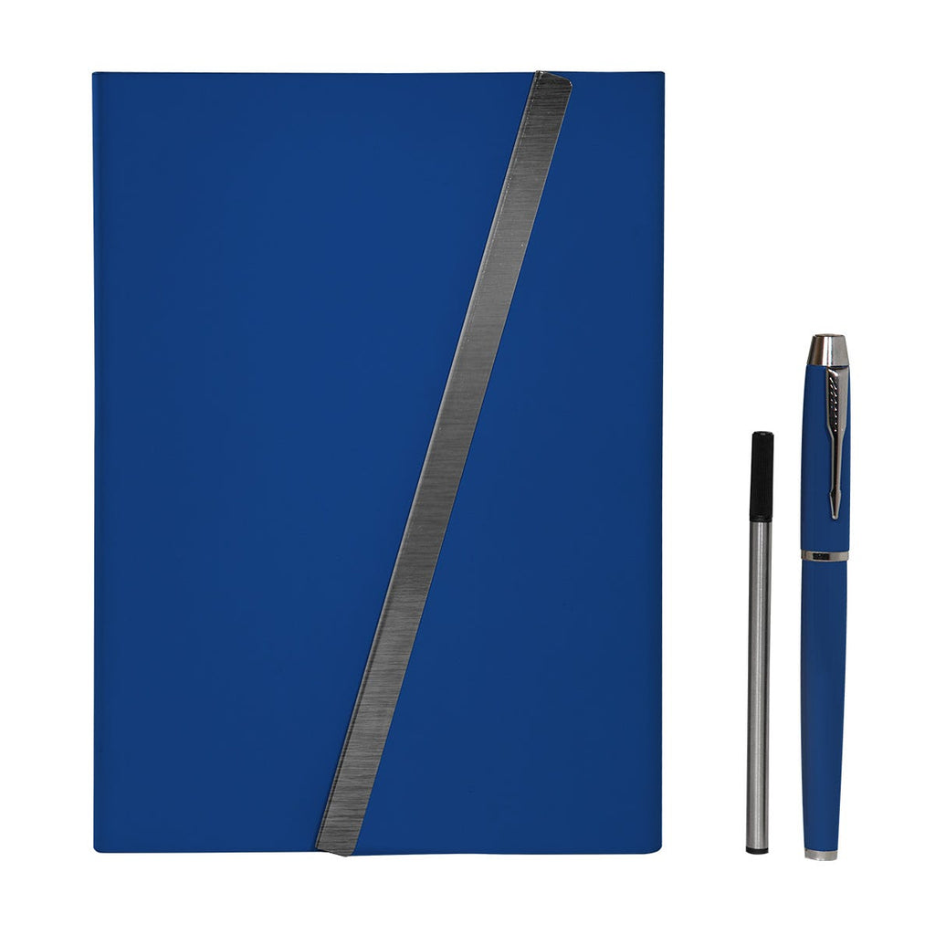 Set ejecutivo de libreta de curpiel con solapa magnética y bolígrafo de acero inoxidable personalizado para empresas.