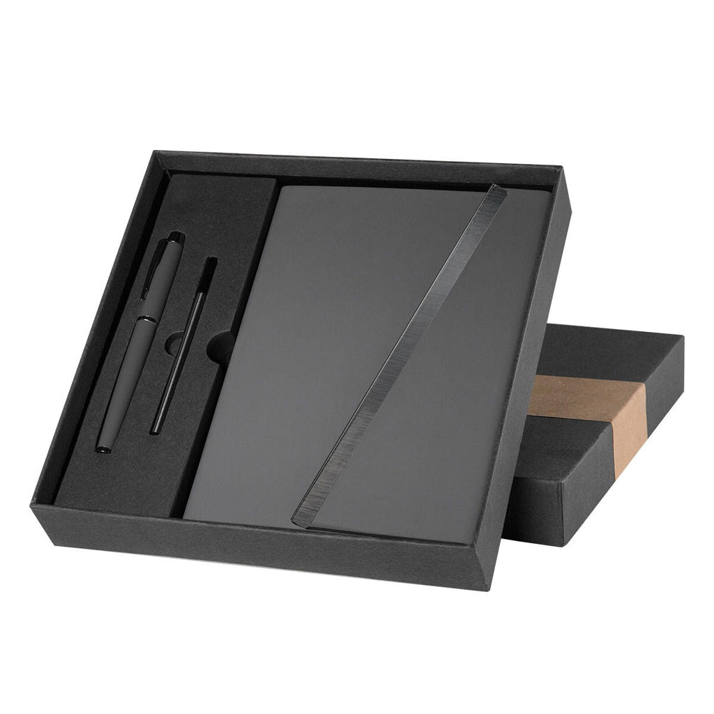 Set ejecutivo de libreta de curpiel con solapa magnética y bolígrafo de acero inoxidable personalizado para empresas.