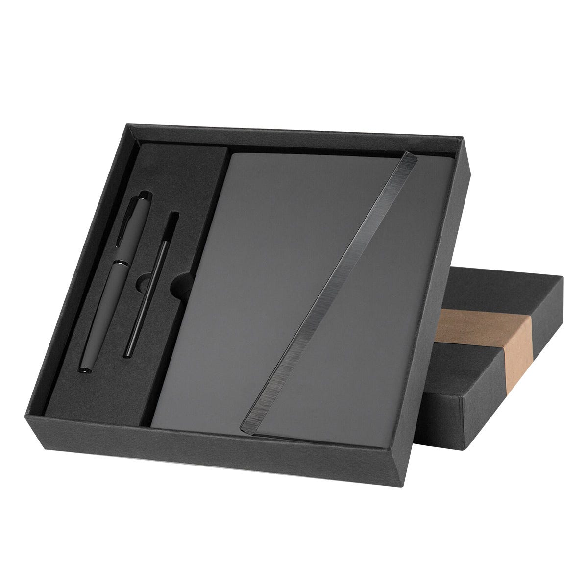 Set ejecutivo de libreta de curpiel con solapa magnética y bolígrafo de acero inoxidable personalizado para empresas.