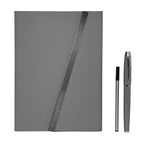 Set ejecutivo de libreta de curpiel con solapa magnética y bolígrafo de acero inoxidable personalizado para empresas.