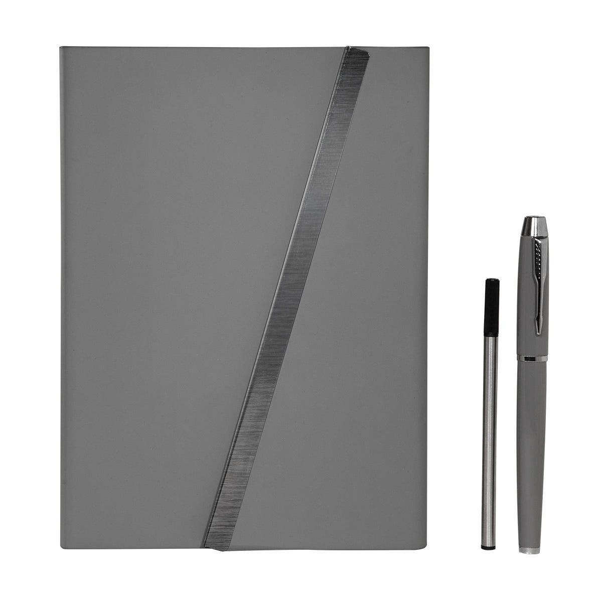 Set ejecutivo de libreta de curpiel con solapa magnética y bolígrafo de acero inoxidable personalizado para empresas.