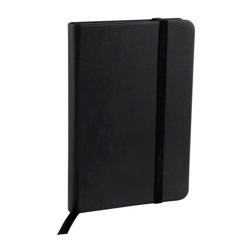 Libreta ejecutiva de curpiel personalizada con 80 hojas, separador y cierre elástico para empresas.